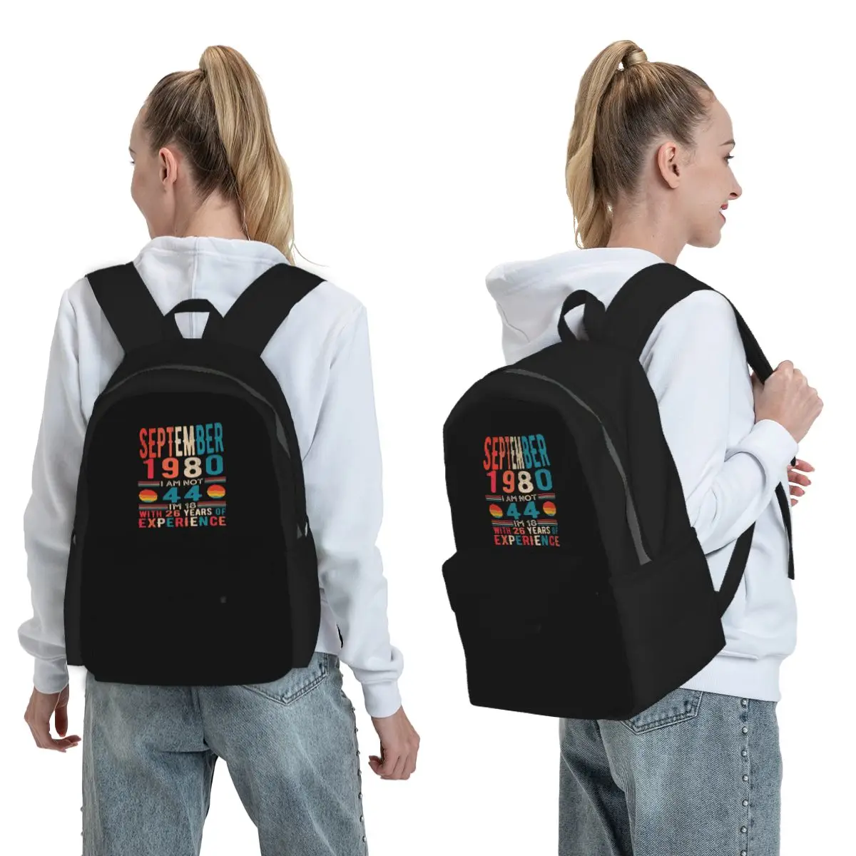 September 1980 I Am Not 44 I'm 18 With 26 Years Of Experience Backpack BookBag Kid School Bag Laptop Shoulder Bags for Men Women