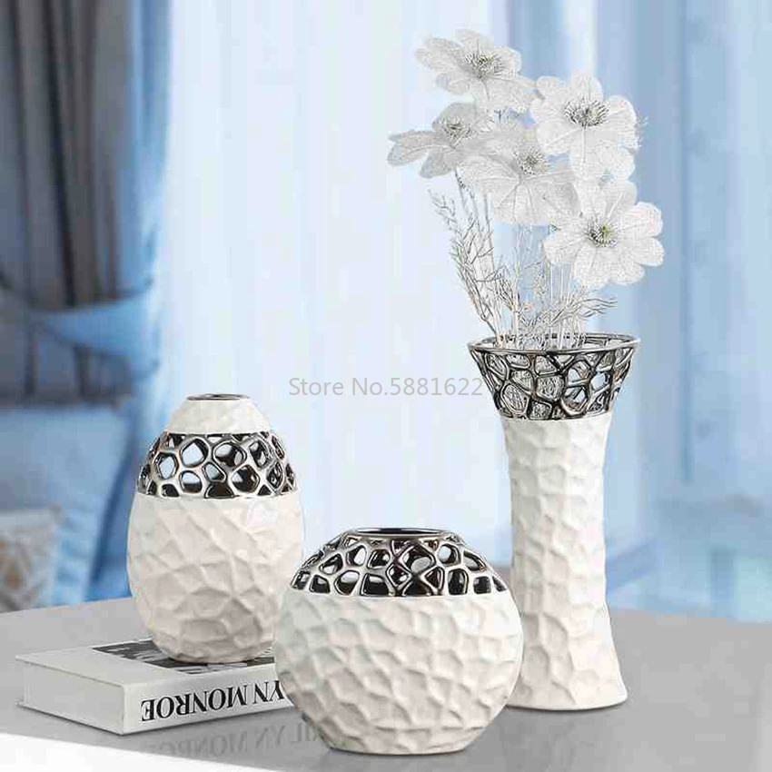 

Europe Living Room Decoration Ceramic Vase white silver Openwork pattern flower vase Home Decor flower Vase Decorative ornament