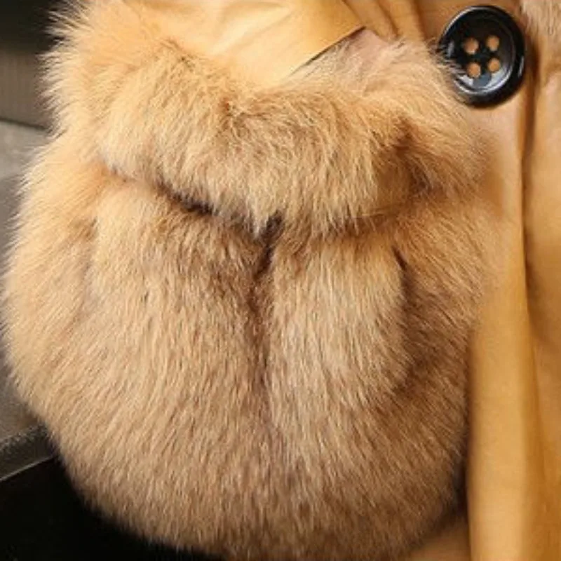 2023 New Women Temperament Leather Coat Mid-Length Female Fashion Patchwork Imitation Fox Fur Collar Warm Large Size Outwear