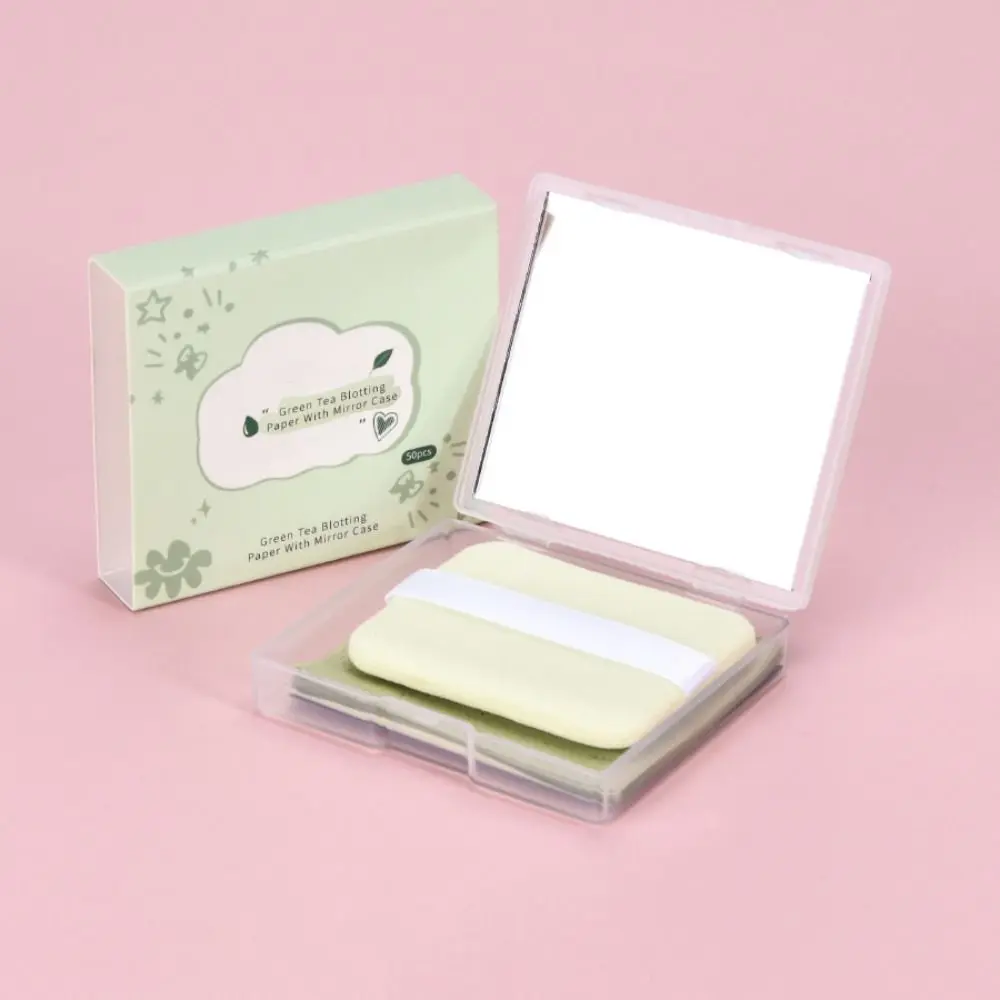 Raw Wood Pulp Face Oil Blotting Sheets Green Tea with mirror and powder puff Oil Control Film Refreshing Facial Care Gentle Skin