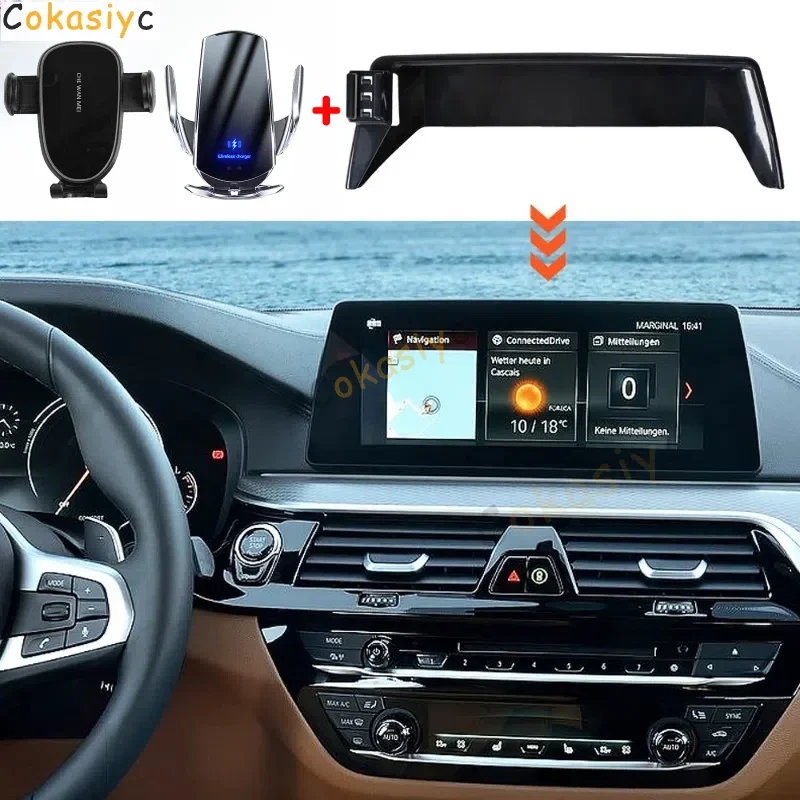

Car Phone Holder For BMW 5 Series G30 2017 2018 2019 2020 Screen Panel Fixed Base Bracket 15W Wireless Charging Phone Holder Car