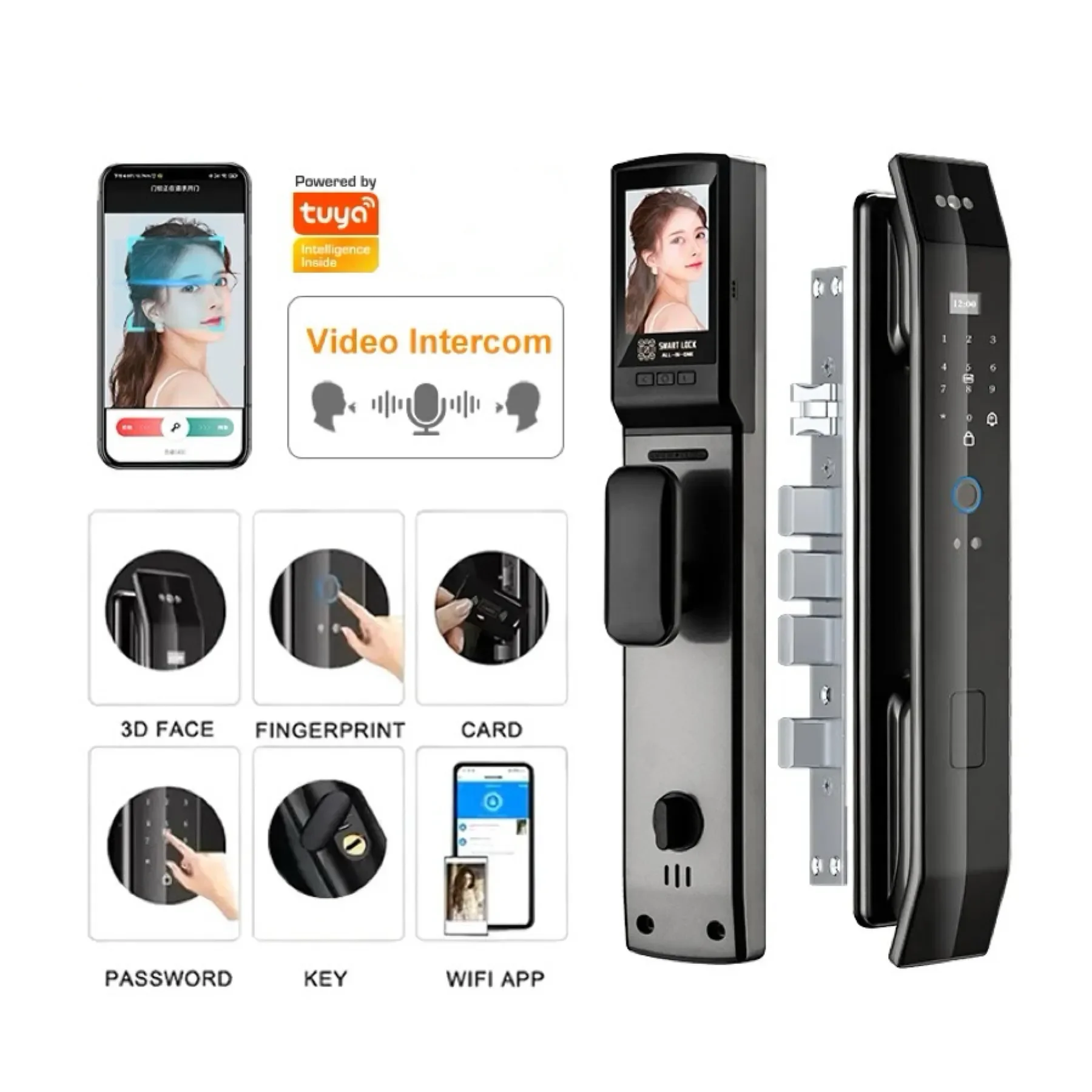 

Tuya Smart Wifi Door Lock 3D Face Recognition Video Call Fingerprint 4.0-inch Screen Aluminum Card Key Lock