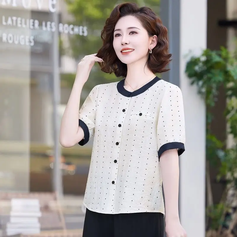 Camisa de manga corta de lunares de colores contrastantes, cárdigan versátil holgado y adelgazante que reduce la edad, Top de moda