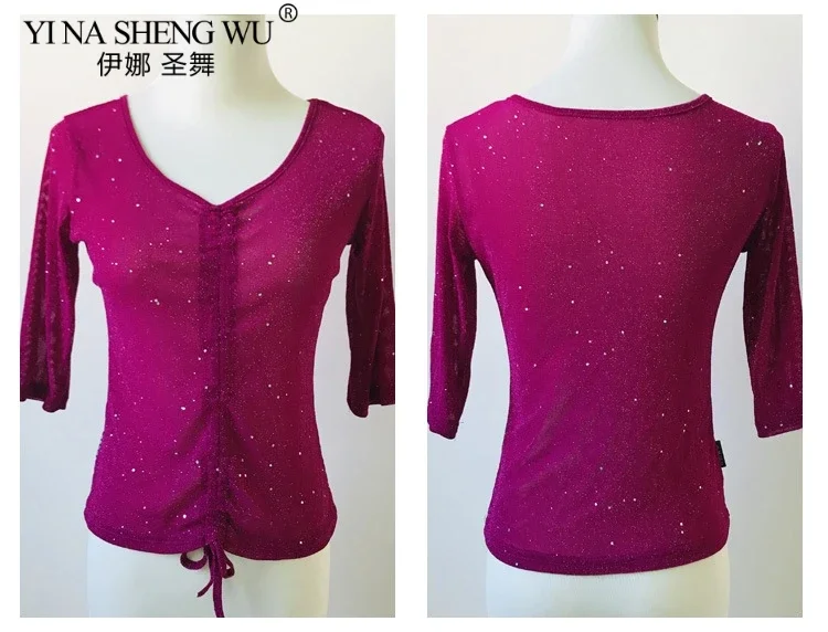 Women Dance Top Belly Dance Costume Half Sleeve Sexy Transparent Silver Mesh Tops&Tees Indian Oriental Dance Tops Practice Wear