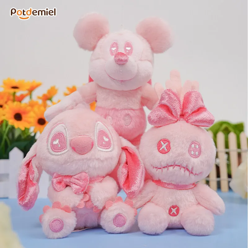 Llavero de peluche Kawaii de Stitch, Scrump y Mickey de Disney, color rosa, para decorar mochilas escolares, regalo de Navidad para fans del anime