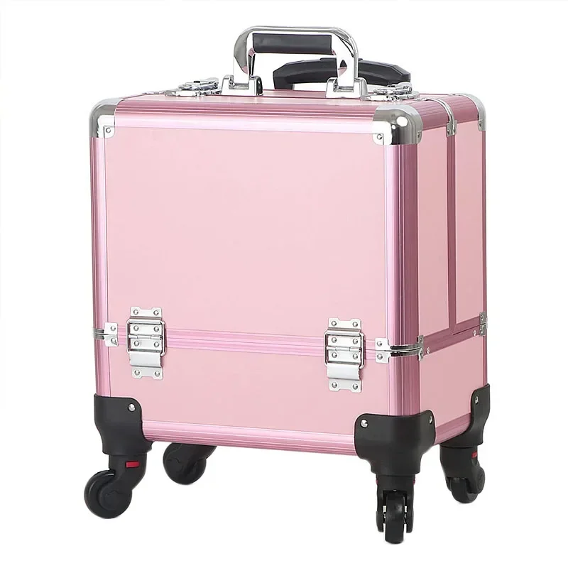 220V NEW Aluminum Alloy Trolley Makeup Box Large-capacity Portable Texture Tool Box Semi-color Professional Trolley Cosmetic Cas