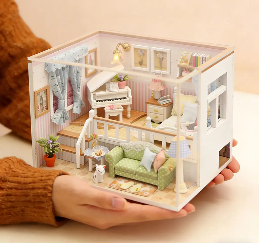 DIY 목재 미니어처 하우스 키트 - 피아노/소파가 포함된 창의적인 수제 작은 방 모델, 정교한 데스크탑 장식