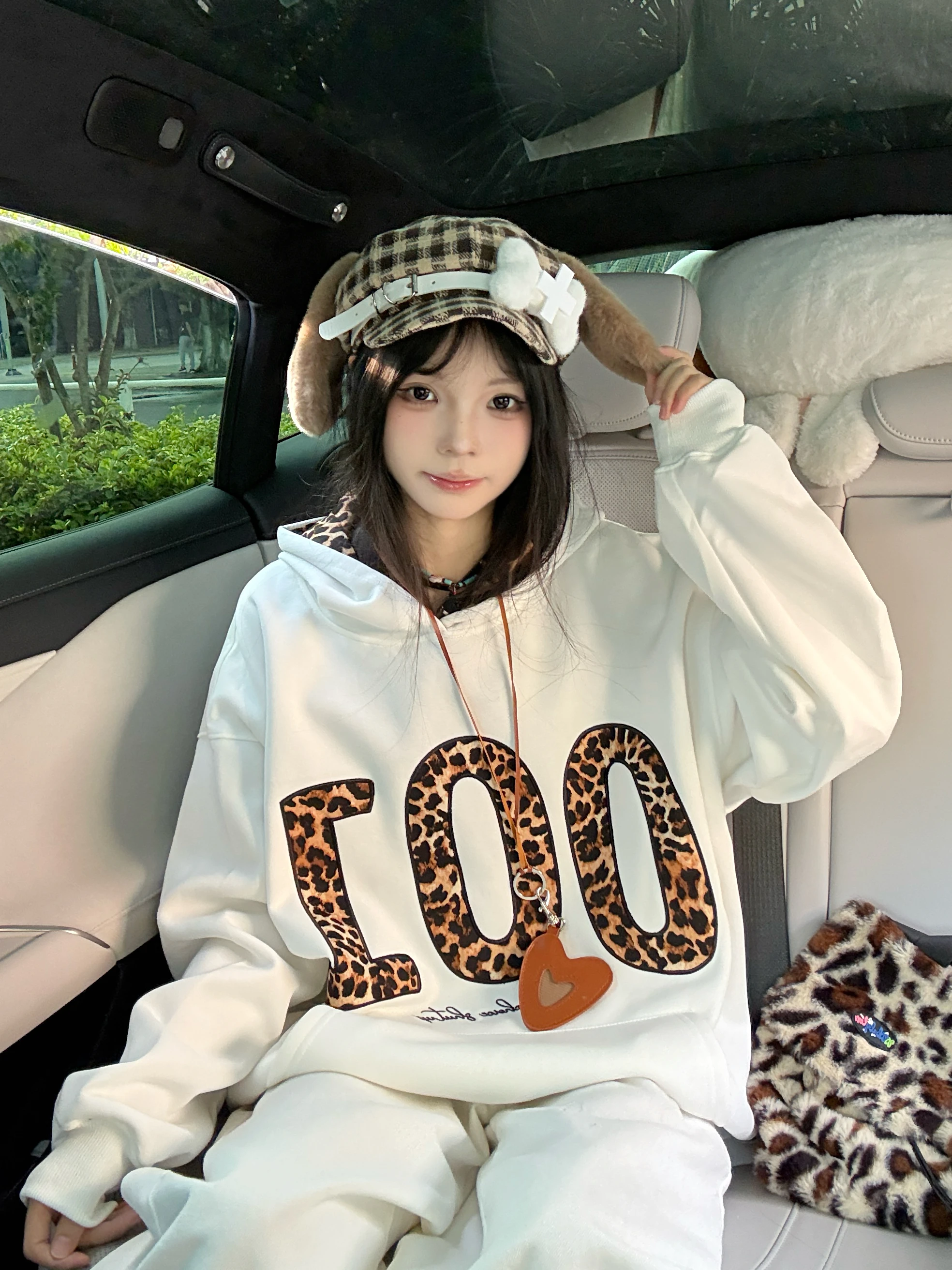 여성용 롱 슬리브 후드티 레오파드 프린트 패치워크 자수 스트리트 스타일 커플용 면 폴리에스터 혼방 편안한 핏 후드티