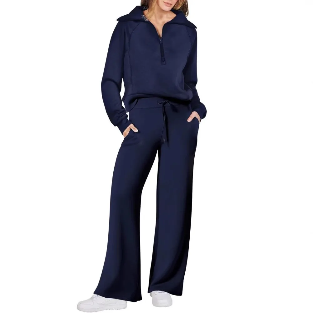 

2025 Fall Winter Women Fashion Set Ribbed Knit Hoodie Wide Leg Pants 2 Piece Tracksuit