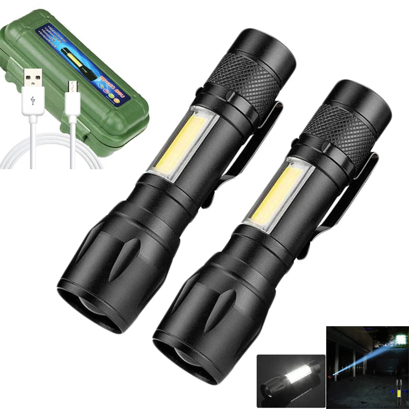 Portable Built In Battery Q5 Zoomable Led Flashlight 8 COB Side Lights USB Rechargeable Waterproof Outdoor Camping Lantern