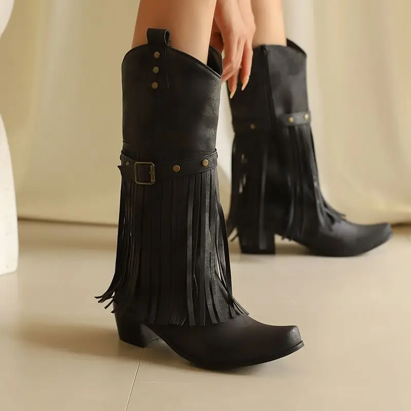 

REAVE CAT Модные женские ботинки в стиле вестерн с квадратным носком на молнии с бахромой и кисточками на блочном каблуке 5 см, большие размеры 44 45 46 Ботильоны для отдыха