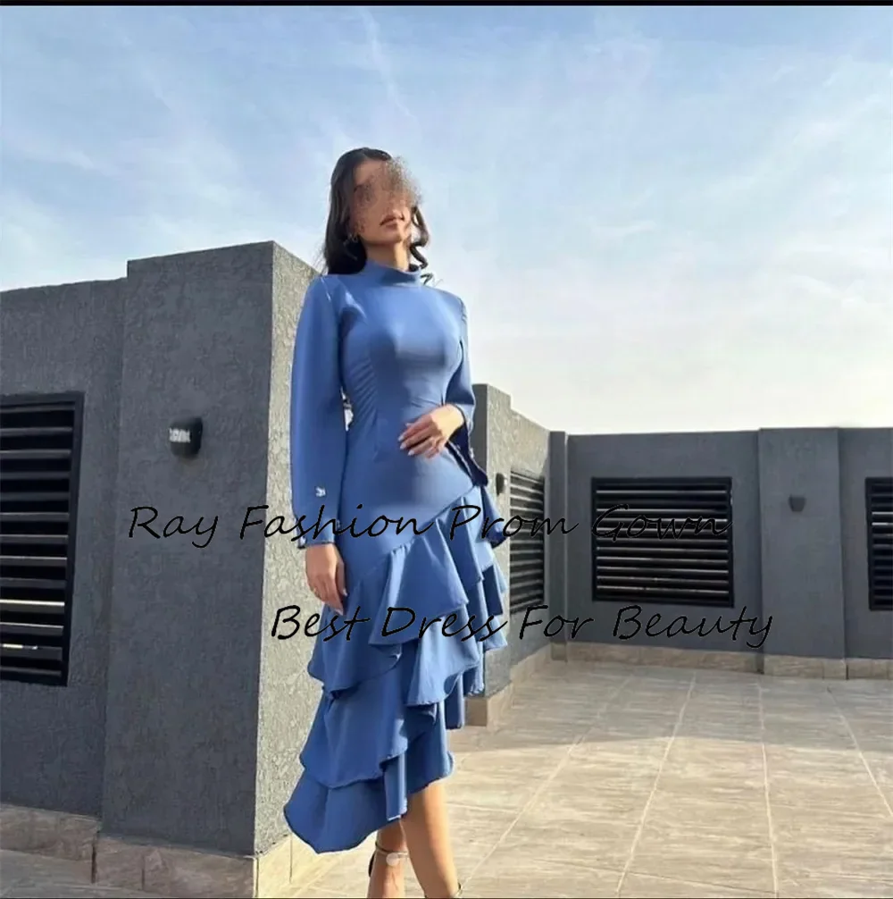 Ray Fashion A Line Evening Dress High Neck With Long Sleeves Crystal Tiered For Formal Occasion فساتين سهرة Saudi Arabia