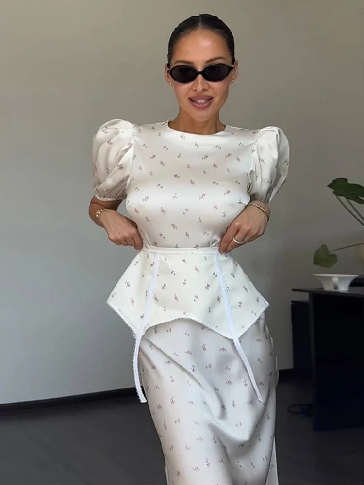 

Printed Lace Up Long Dresses For Women Suits Flared Short Sleeve Round Neck Slim Fit Maxi Dresses Suit 2025 Summer Holiday Sets