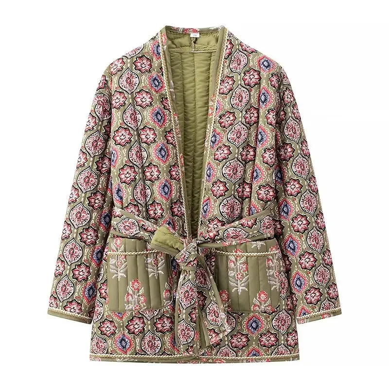 Winter Green Flower Print V neck Quilted Jacket Ethnic Women Tie Bow Sashes Quilting Full Sleeve Coat BOHO Midi Outerwear