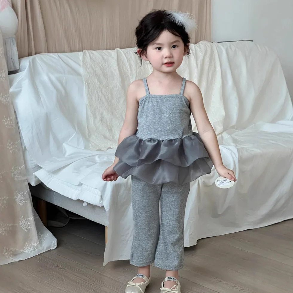 

2025 Summer New Children Sleeveless Clothes Set Girls Mesh Sling Vest + Flared Pants 2pcs Suit Kids Thin Comfortable Outfits