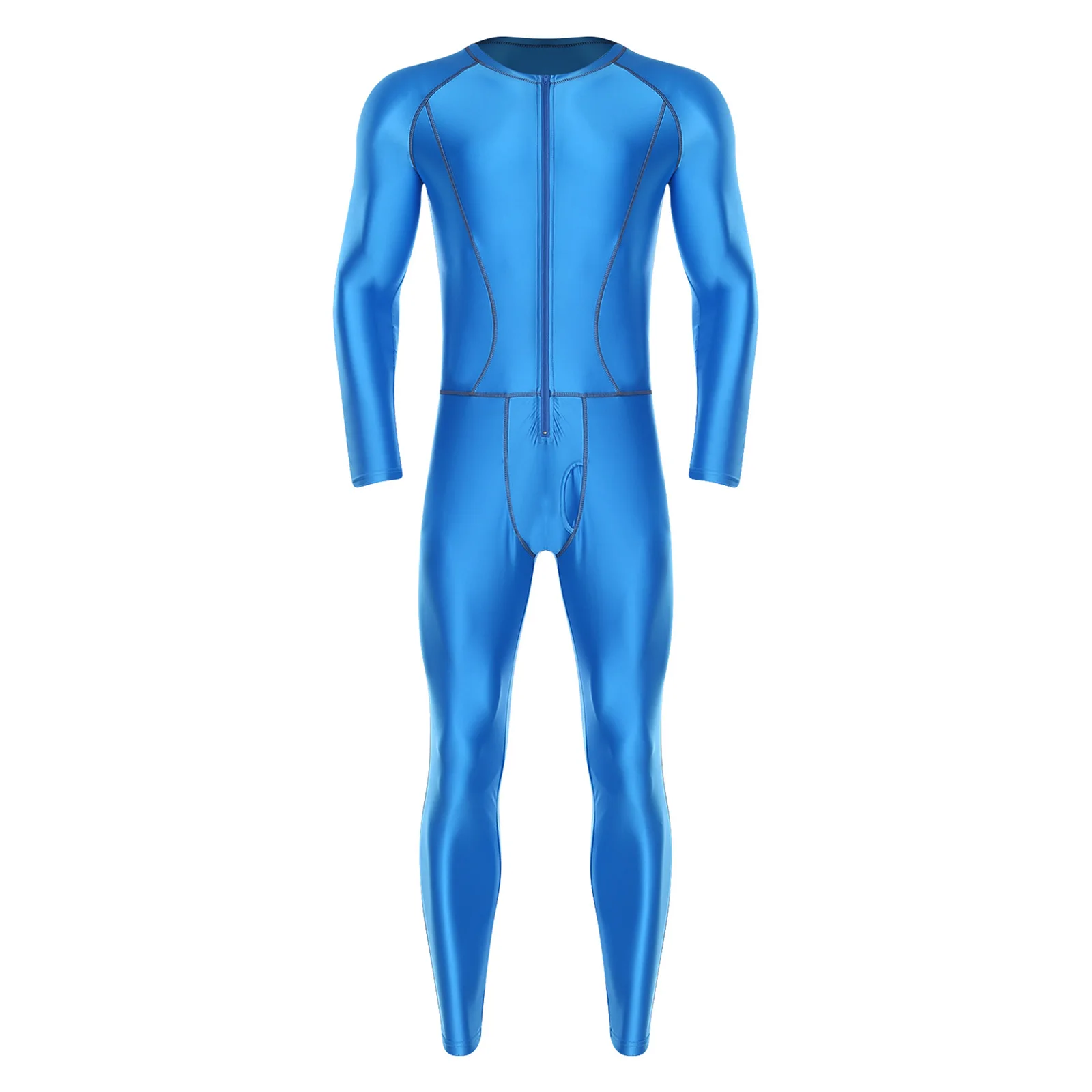 Męskie stroje kąpielowe, błyszczący, dopasowany kombinezon jednoczęściowy, strój do pływania, szwy z przodu, zamek błyskawiczny, długi rękaw, długie spodnie, kompresyjne kombinezony.