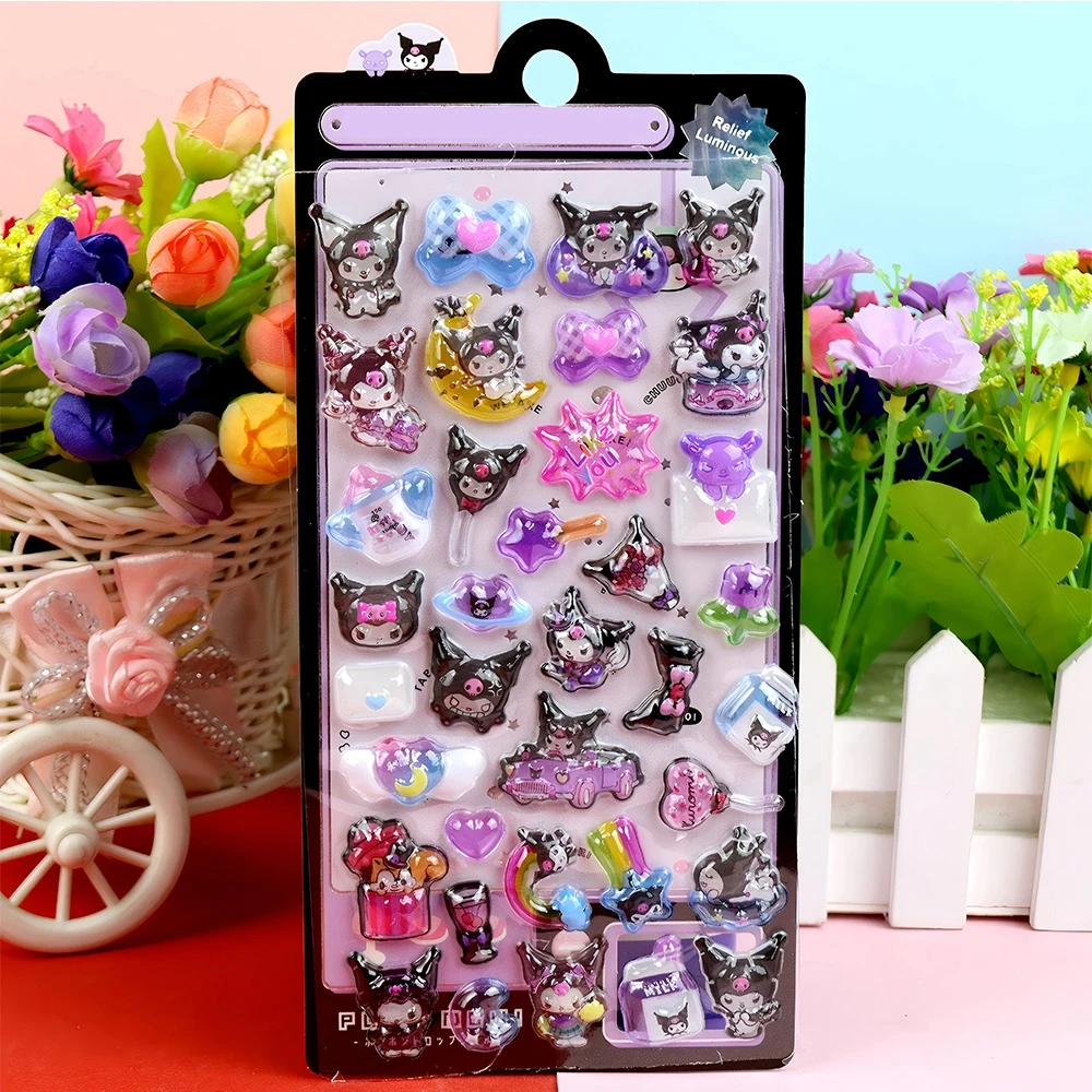Lichtgevende Leuke Sanrio 3D Relief Stickers Kawaii Meisjes Kuromi Cinnamoroll My Melody Crystal Decals Kids Decoratie Sticker Packs