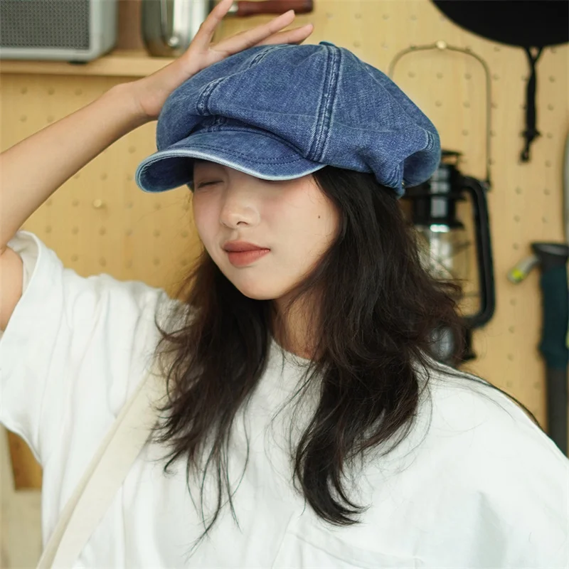 Women\'s Denim Beret Hat Spring Summer Newsboy Painter Hat Octagonal Cap Korean Style Blue Denim Artist Painter Cap