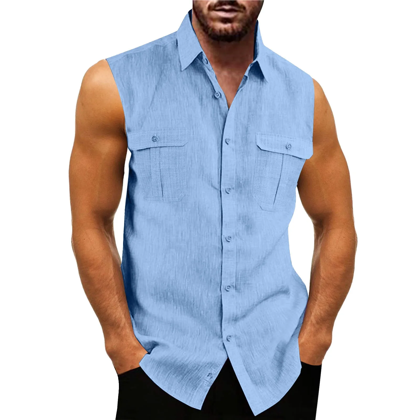 Soild Sleeveless Male Shirt Summer Top Double Pocket Turn Down Collar Button Up Shirts For Mens Summer Thin Tops Blouses