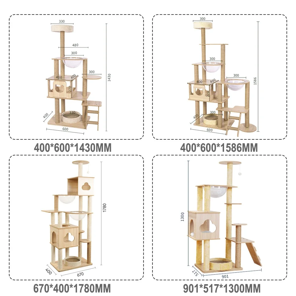 Factory Supply Hoopet Stable Sturdy Multi-functional Activity Centre Wood Large Scratching Cat Tree Tower Condo