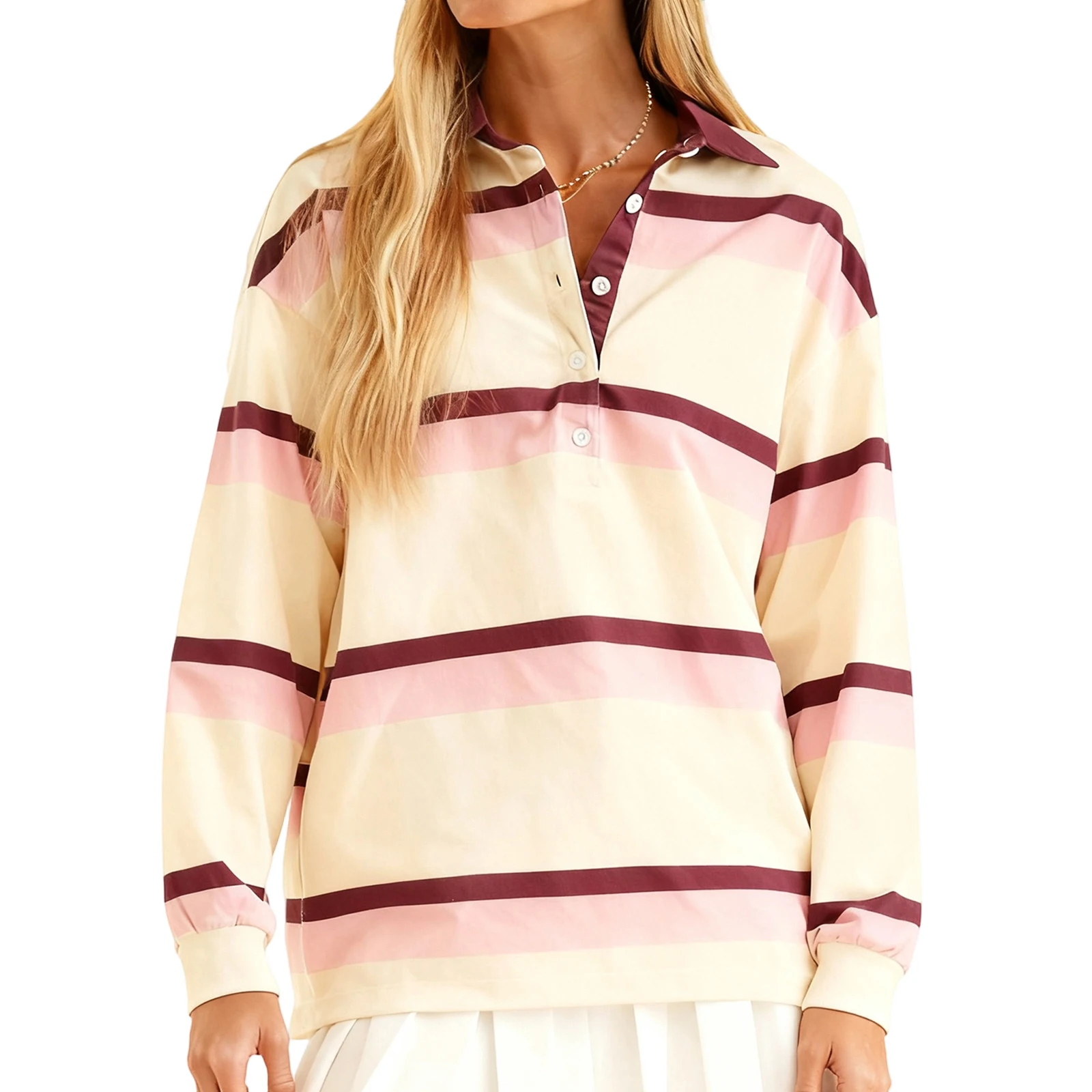 

Женские осенние повседневные топы в полоску с длинным рукавом и отложным воротником на пуговицах