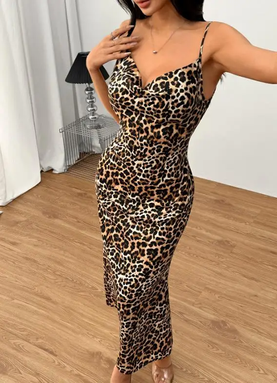 

Womens Dresses 2026 Spring Summer New Fashion Leopard Print V-Neck Sleeveless Sexy Backless Lace Up Casual Slit Camisole Dress