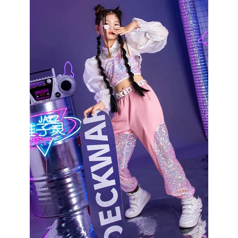 Conjunto de traje de baile de Jazz k-pop para niños, trajes de espectáculo de lentejuelas de moda para niñas, trajes de moda de Cattalk para niños, baile Hip Hop