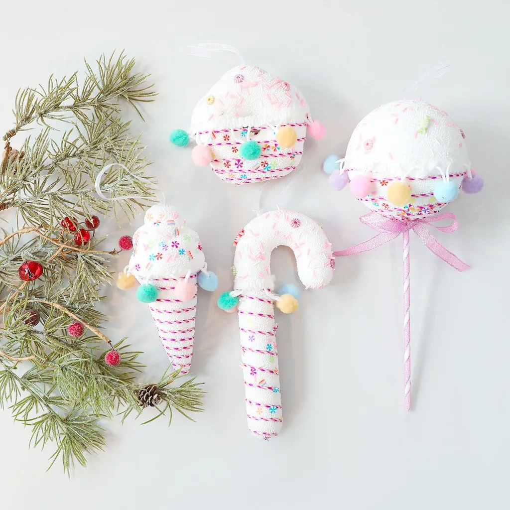 Macaron Pastel Candy Theme Christmas Hanging Ornaments Flocked Foam Xmas Tree 2027 Happy New Year Holiday Decor
