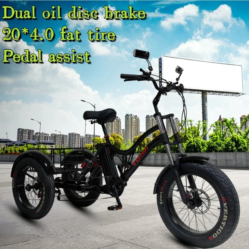 New 3-Wheeled Bicycle 7 Speed Dual Oil Disc Brake 20*4.0 Fat Tire Pedal Assist Bike Adult Cargo Elderly Travel 3 Wheeled Bike