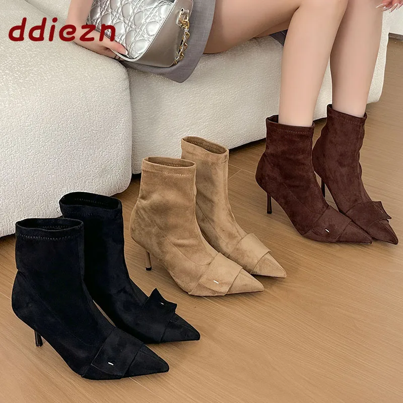 Fashion Flock Ladies Short Modern Boots Shoes Female Thin Heels Shoes Pointed Toe Women Ankle Stretch Booties Slip On Shoes
