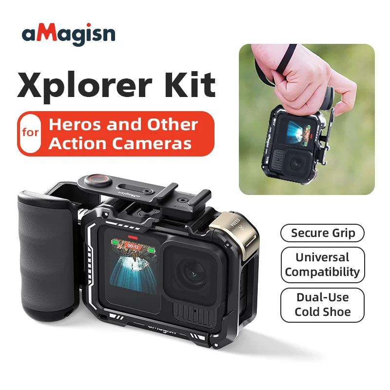 مجموعة أدوات المقبض aMagisn Xplorer لـ Gopro Hero 13 باللون الأسود، قبضة الكاميرا مع ملحقات (بلاستيك/معدني سريع الإصدار + إطار معدني).