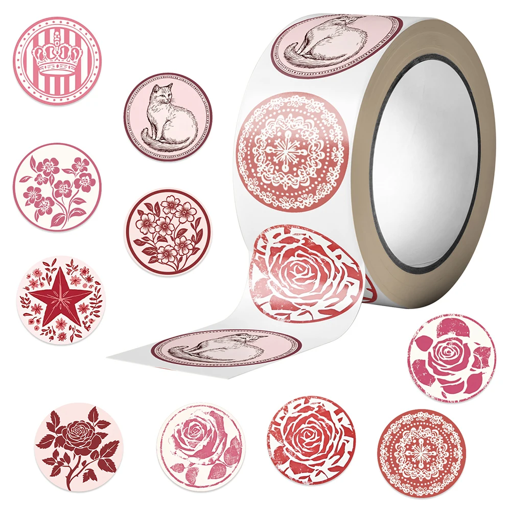 Rouleau d'autocollants de scellage à motif esthétique rose mignon, 500 pièces/rouleau, décalcomanies de chat de fleur de dessin animé, autocollant de décoration pour bagages, téléphone, carnet de notes, DIY bricolage