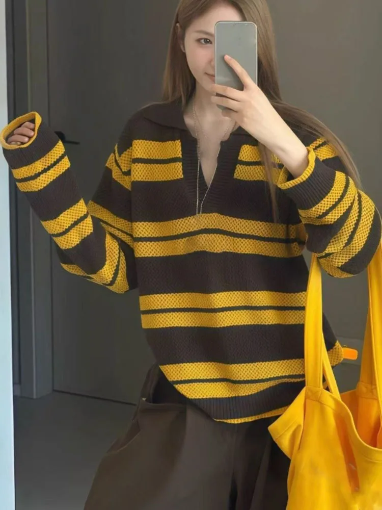 

Простые пуловеры в полоску с панелями меньшинства, осенние новые винтажные элегантные повседневные джемперы, универсальные свободные тонкие модные Pull Femme