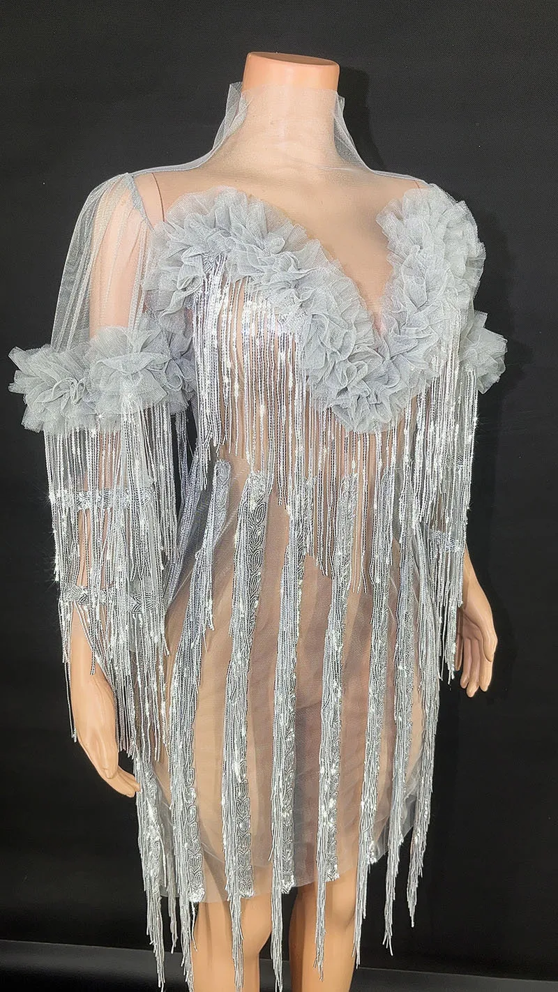 Vestido ajustado de lentejuelas transparentes con cadena de borlas de encaje de malla de hombro alto personalizado, vestido Sexy para fiesta de cumpleaños, vestido de actuación