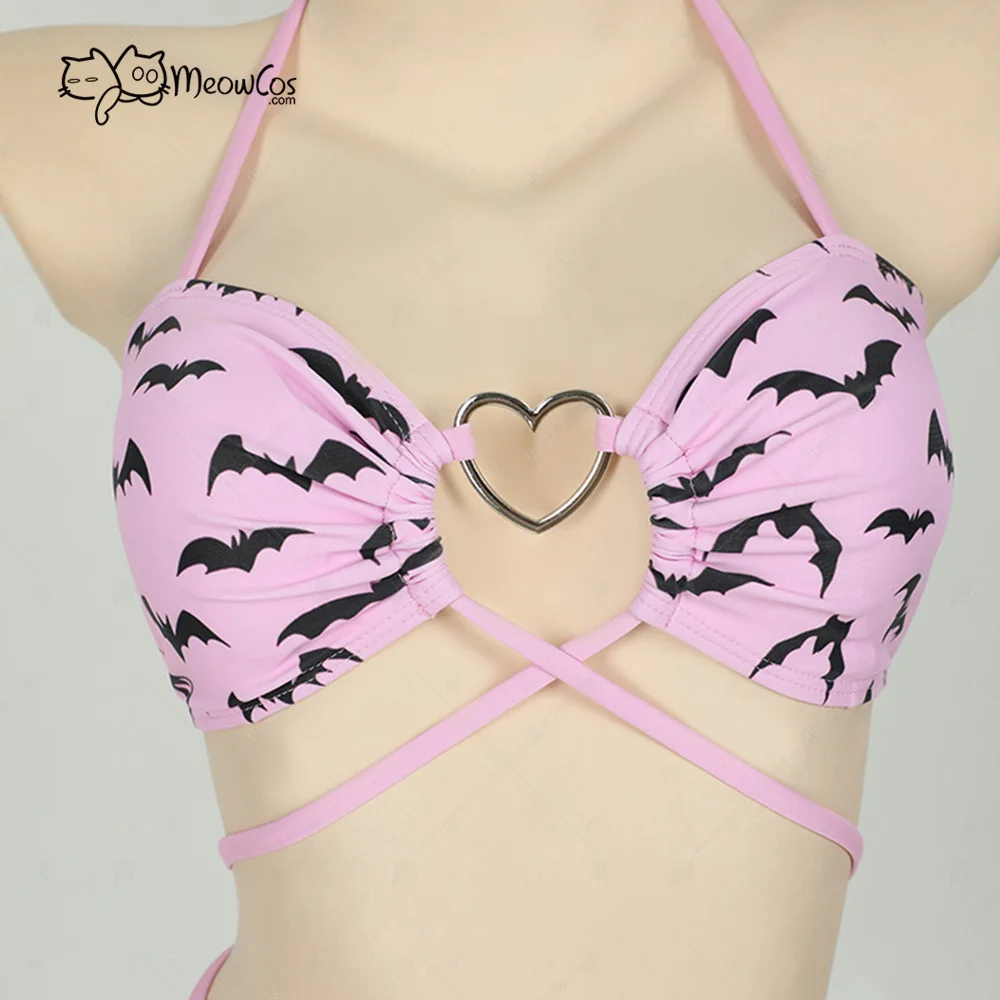 MEOWCOS Women Gothic Bat Pink Bikini Set Swimsuit Heart Buckle Halter Lace-up Top and Triangle Panty Bathing Suit Swimwear