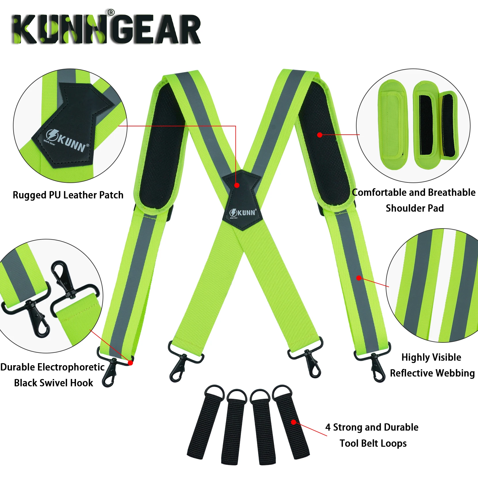 KUNN Hi-Vis Tool Belt Suspenders Heavy Duty Reflective Safety Work Suspender with Removed Padded Shoulder,4Pcs Tool Belt Loops