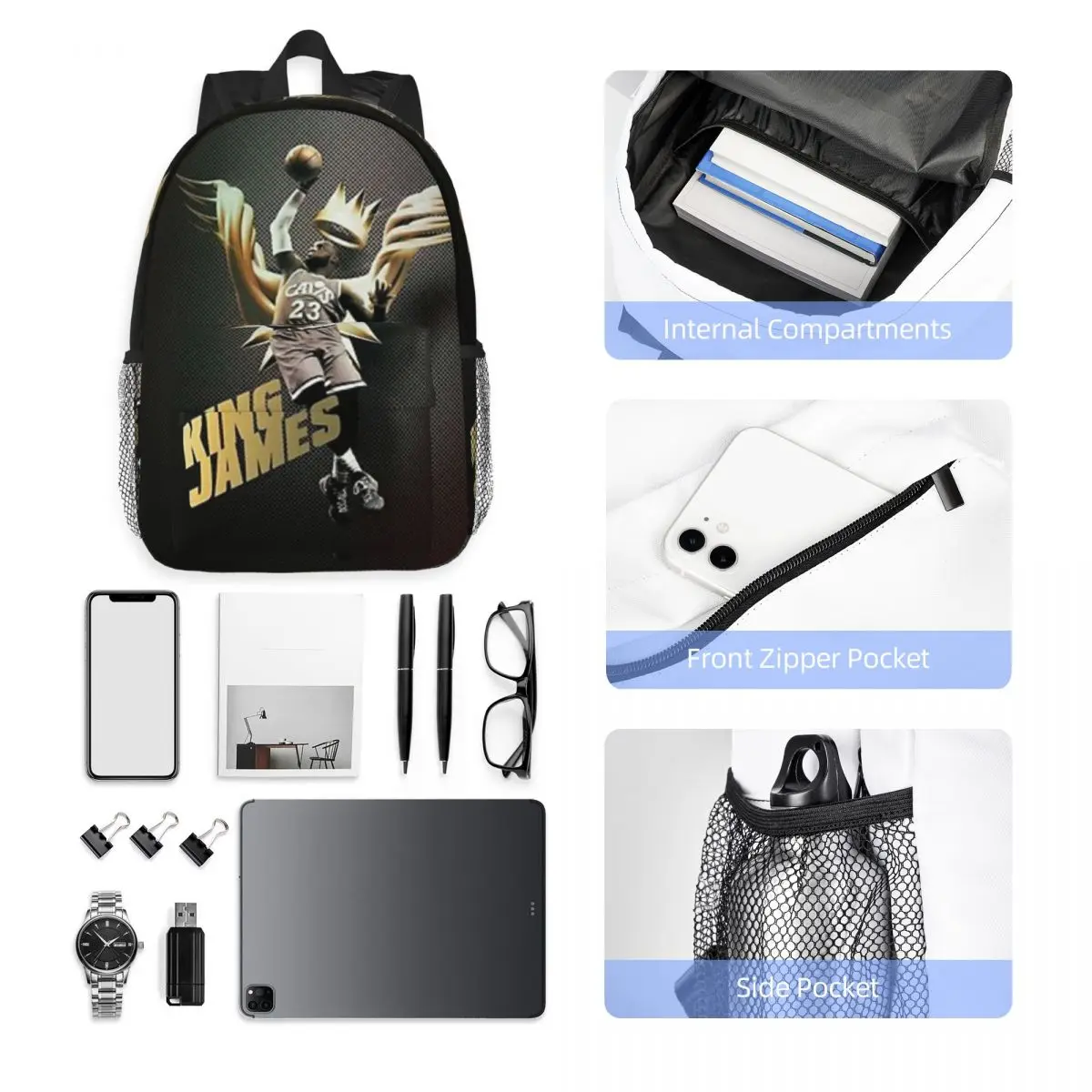 King Lebron-James Nova moda de alta capacidade à prova d'água mochila universitária na moda bolsa de livro de viagem para laptop de 15 polegadas