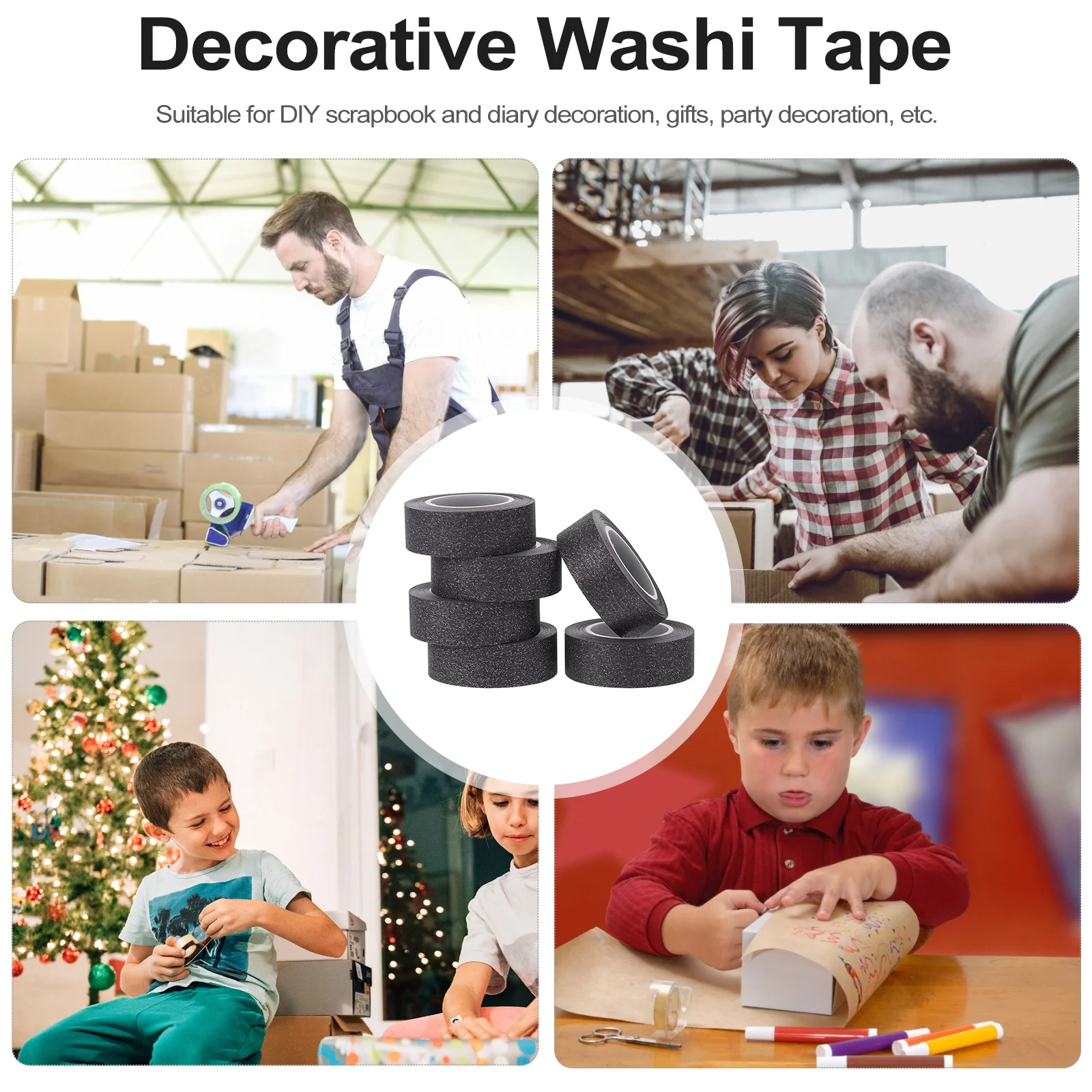 

6 Rolls Gift Wrapping Tape Glitter Washi Design Decorative for Scrapbooking Black Craft
