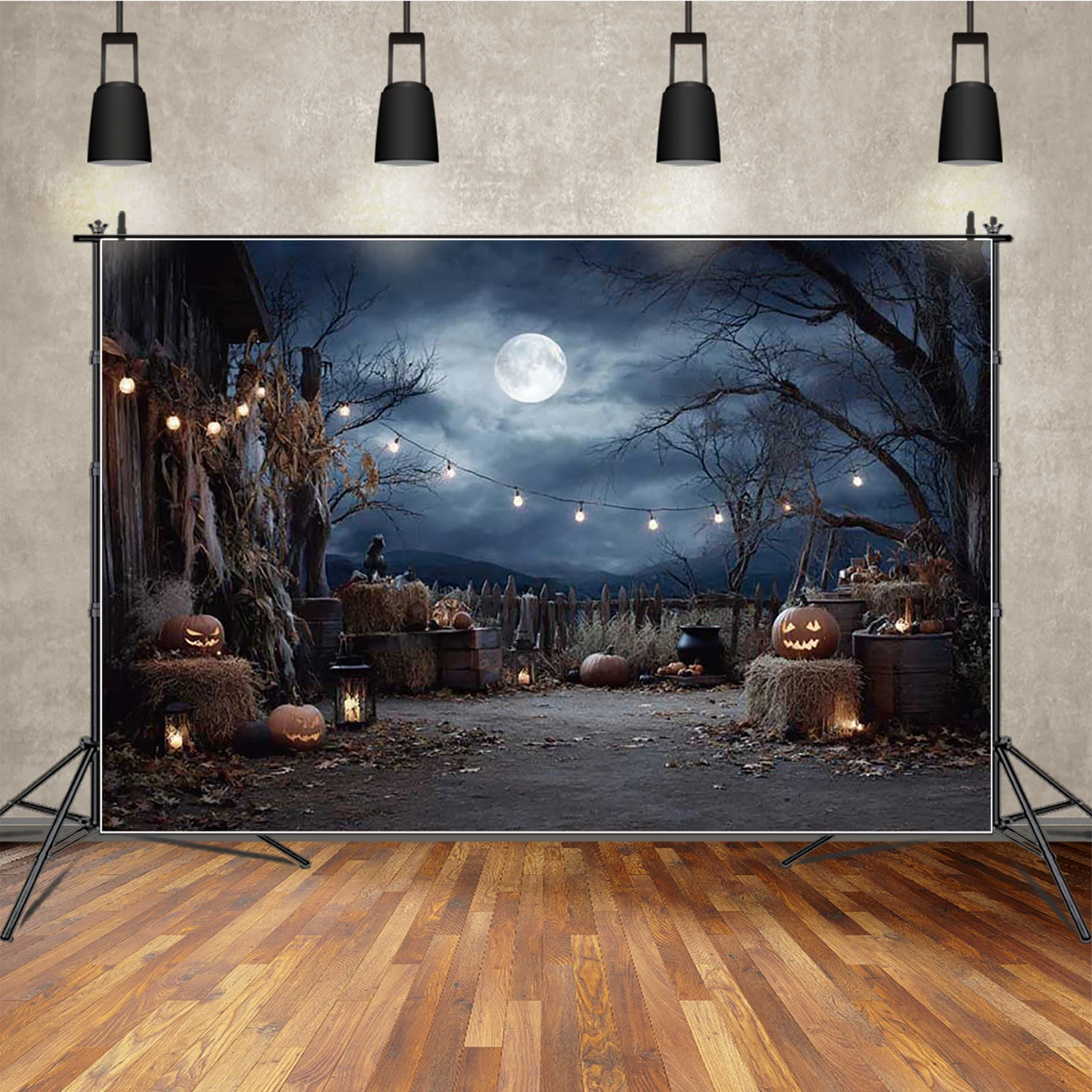 

MOON.QG Rustic Halloween Decoration Backdrop Lanterns Fences Haystacks Background Photography Accessories Party Supplies Studio