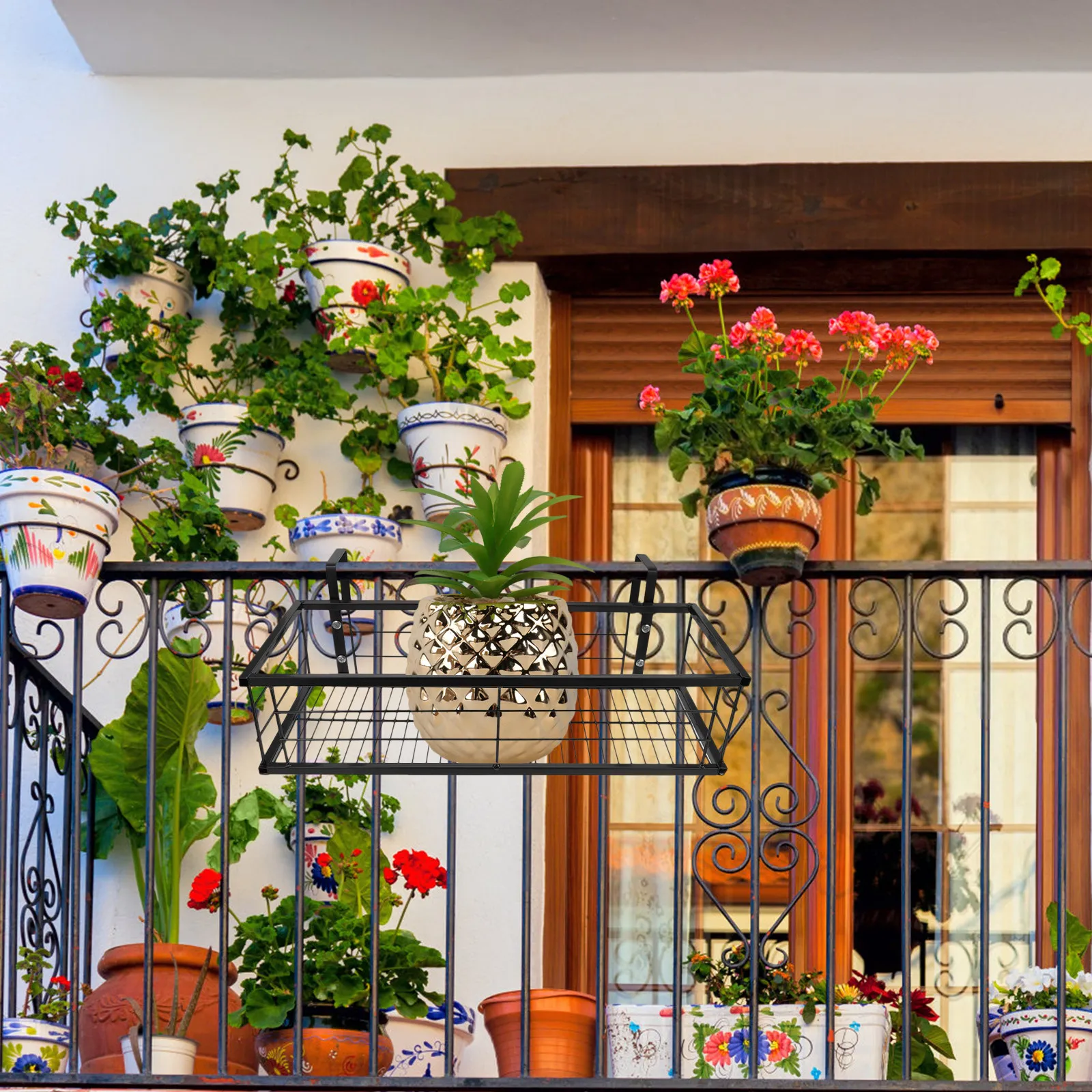 1Pcs Balcony Hanging Flower Pot Rack Sturdy Iron Planter Holder Bonsai Display Stand Garden Plant Basket Outdoor view 2