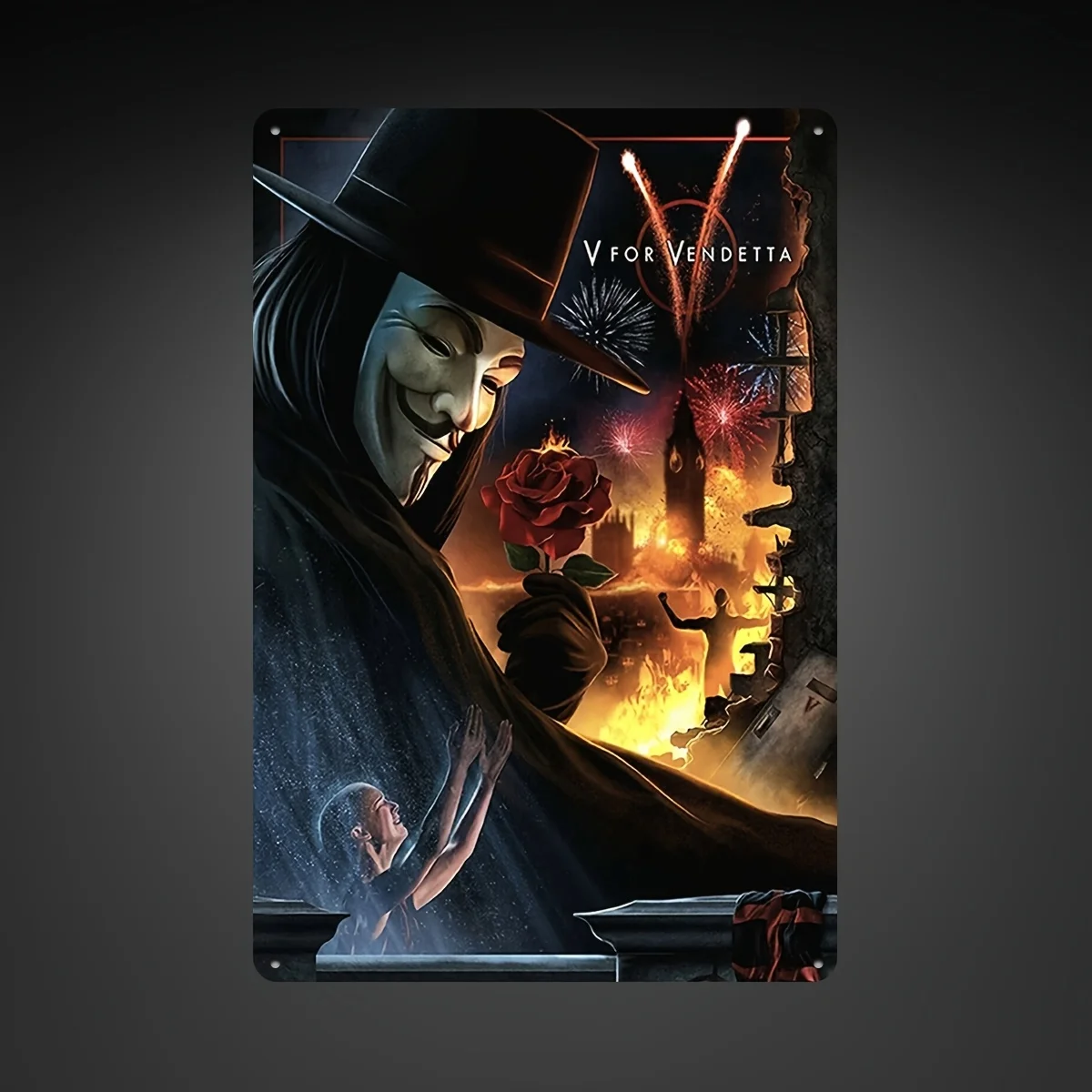 V for Vendetta Inspired Metal Wall Art Sign -  Guy Fawkes & Rose Explosion Design, Dystopian Movie Decor for Home, Office, for M