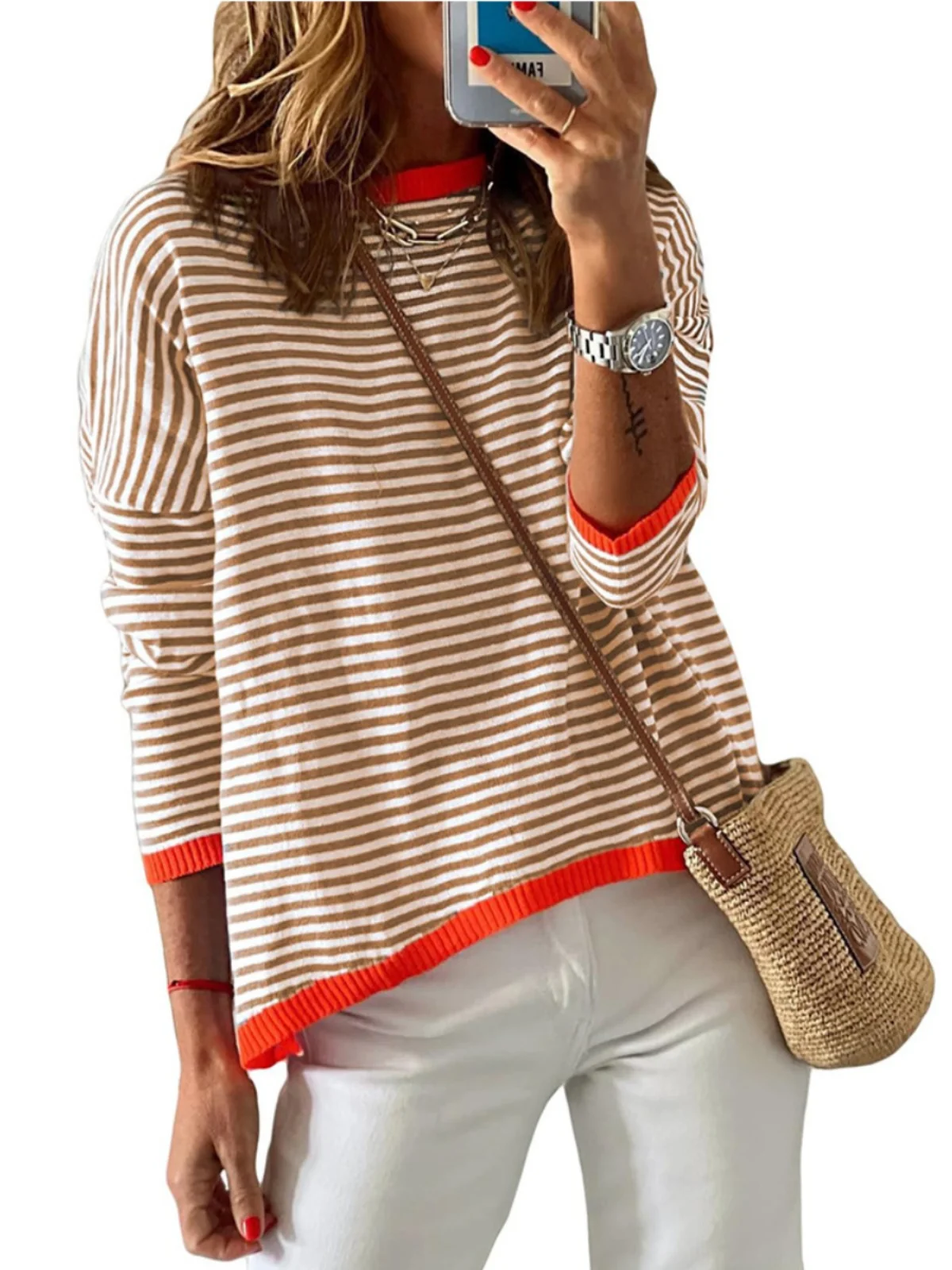 패션 대비색 스트라이프 롱 스웨터 여성용 스위트 핏 폴리에스터 섬유 고급사 라운드 넥 습기 방지 스웨터