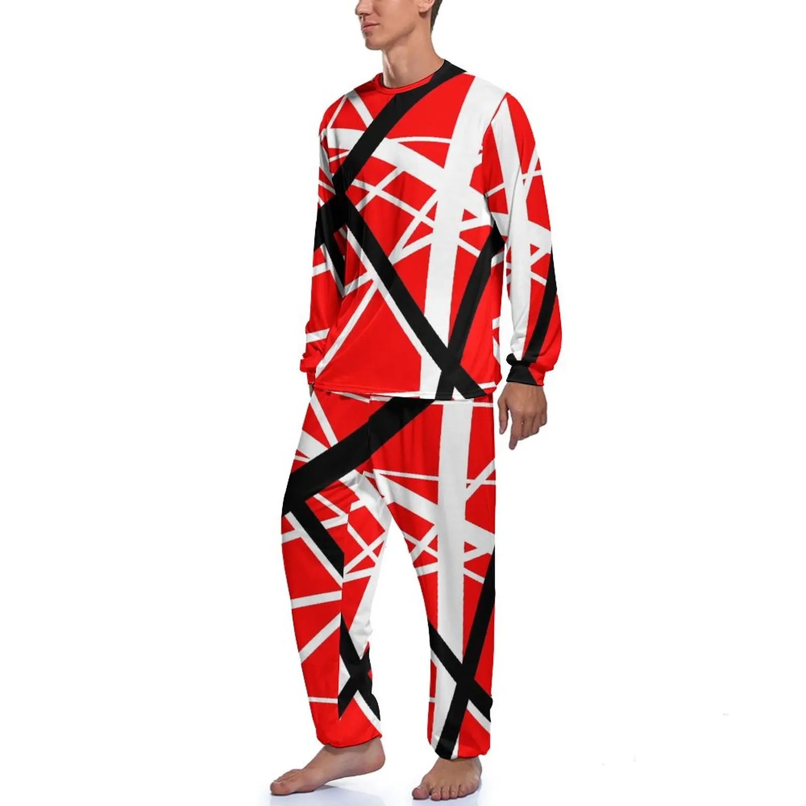 Van Halen Pajamas Autumn Two Piece Red Black and White Line Art Trendy Pajamas Set Man Long Sleeve Casual Graphic Nightwear