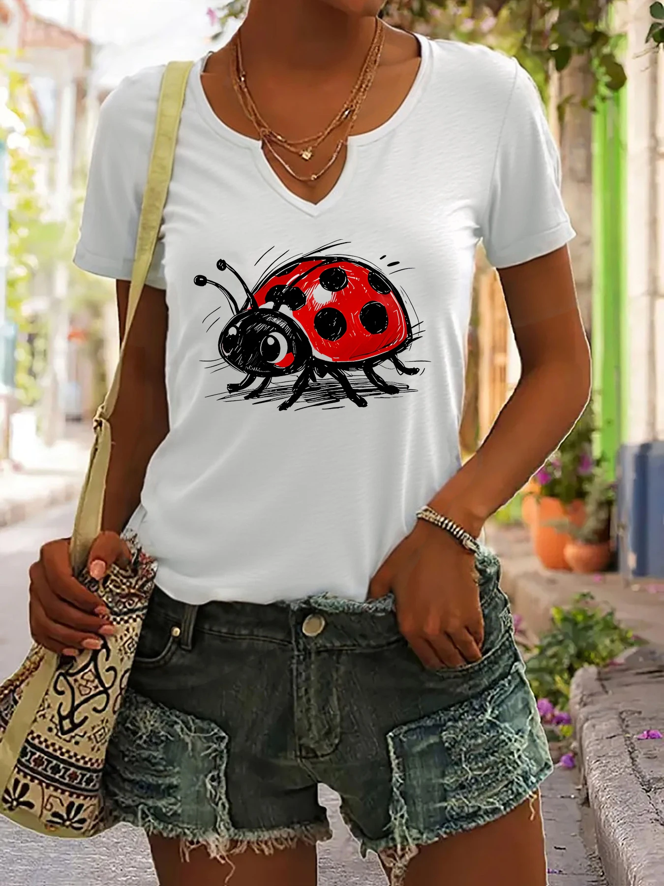 Women's Summer V-Neck Short Sleeve T-Shirt, Sketchy Cartoon Ladybug Print, Cute Insect Lover Casual Fashion Top