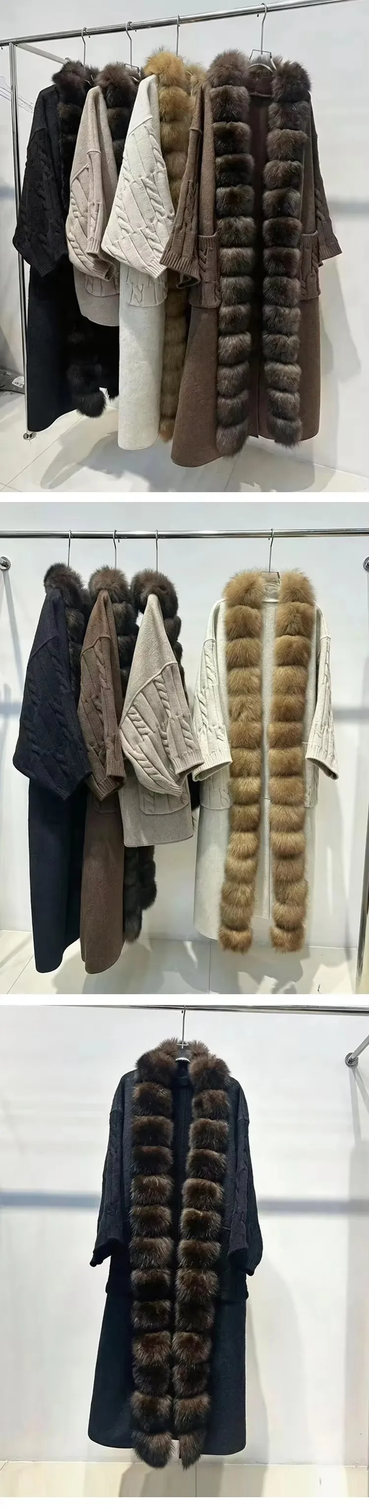 New Luxury Winter Real Natural Fox Fur Collar Woolen Blends Knit Long Overcoats Women Loose Warmth Cashmere Fur Jacket