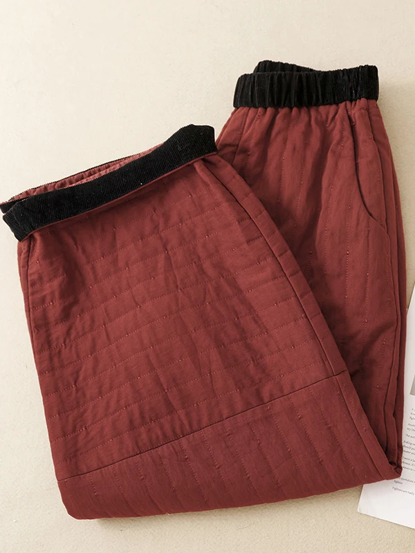 Retro Red Patchwork Cotton Pants Women's Loose Casual Wide Leg Long Trousers Winter Outerwear Lightweight High Waist Cotton