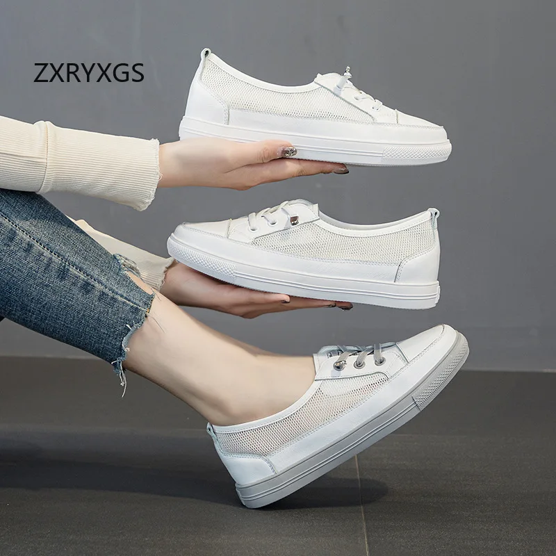 ZXRYXGS New Trendy Cowhide Mesh Sneakers White Shoes 2026 Large Size Spring Summer Sneakers Breathable Comfortable Women's Flats