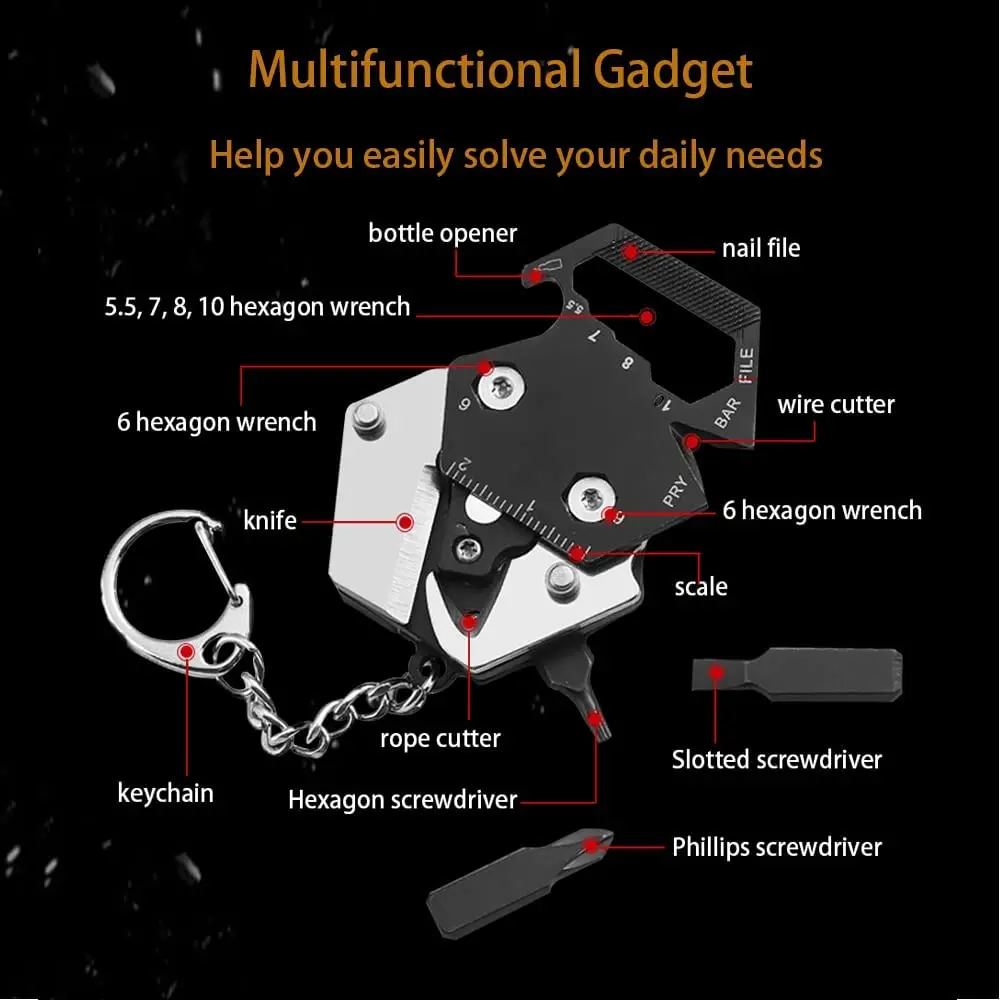 Keychain Screwdriver Multifunctional Hexagon Coin EDC Tool Mini Pocket Folding Knife Ruler Bottle Opener Key Chains Rings Gadget