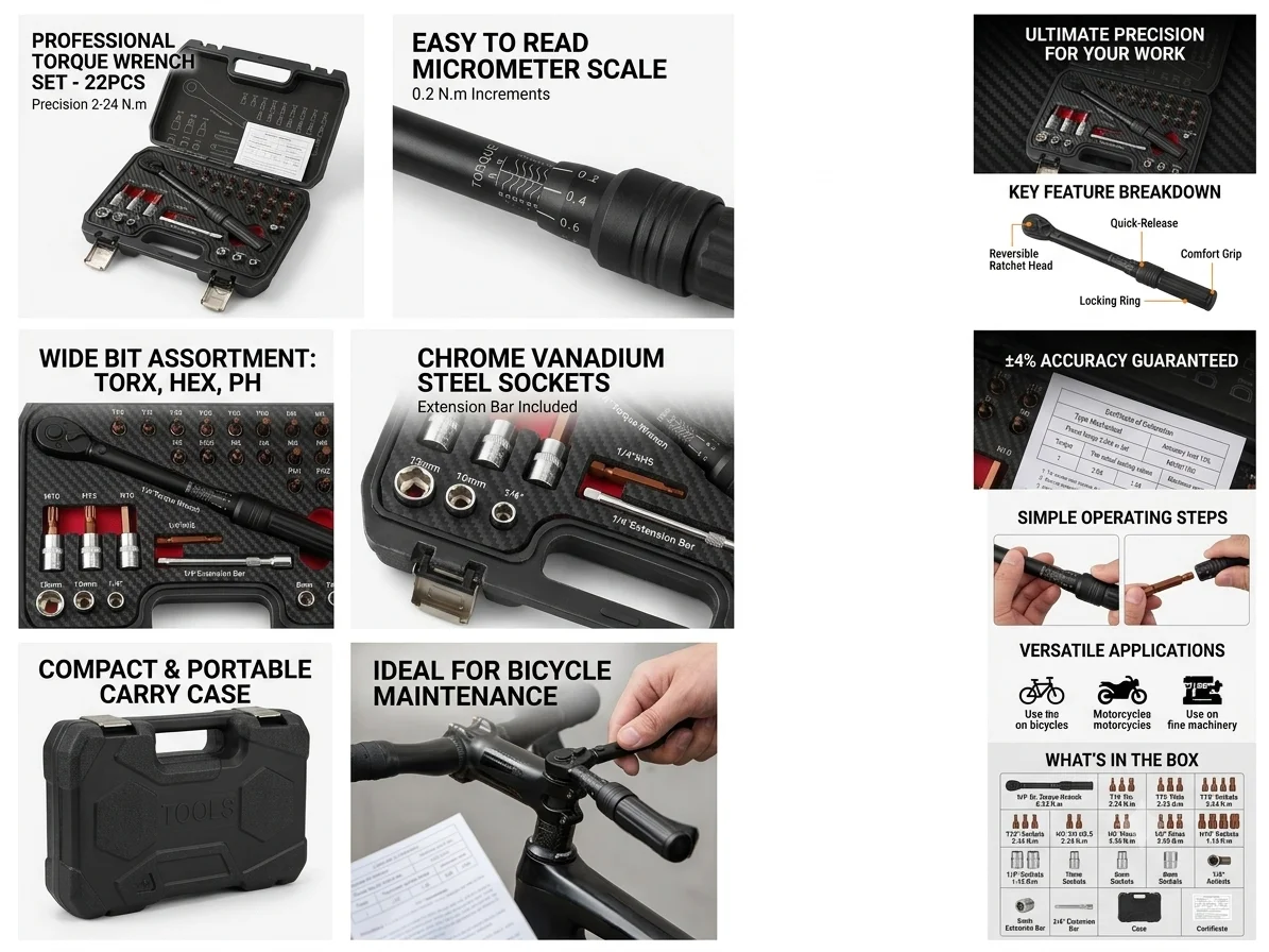 1/4 Inch Drive Torque Wrench Set 2-24Nm, DIY Adjustable Torque Wrench With Sockets Extension Bar