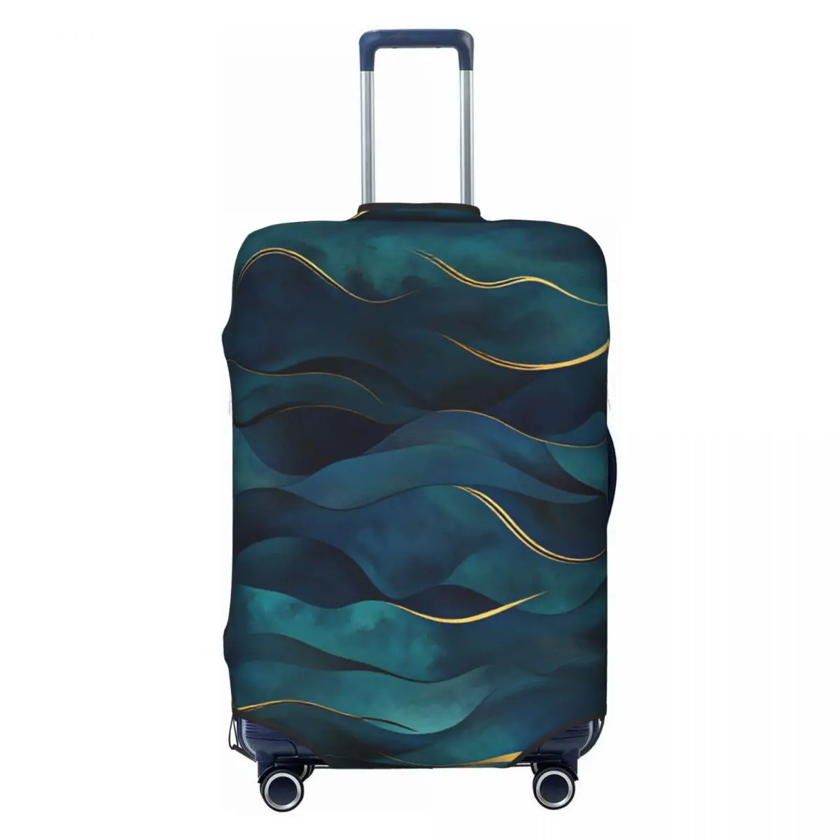 Nautical Teal & Gold Wave Seamless Pattern Suitcase Cover Elastic Luggage Protective Covers for 18-32 inch